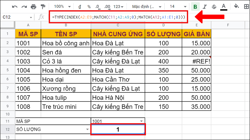 Xác định loại dữ liệu SỐ LƯỢNG thuộc MÃ SP là 1001